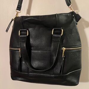 Madison West Black Faux Leather Material Shoulder Backpack with Gold Hardware